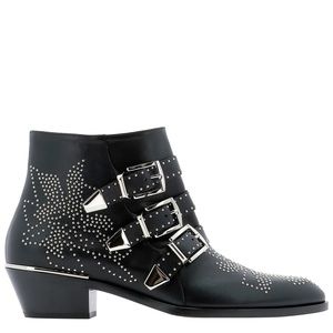Chloe Susanna Studded Embellished Buckle Booties | Silver & Black | 36 1/2